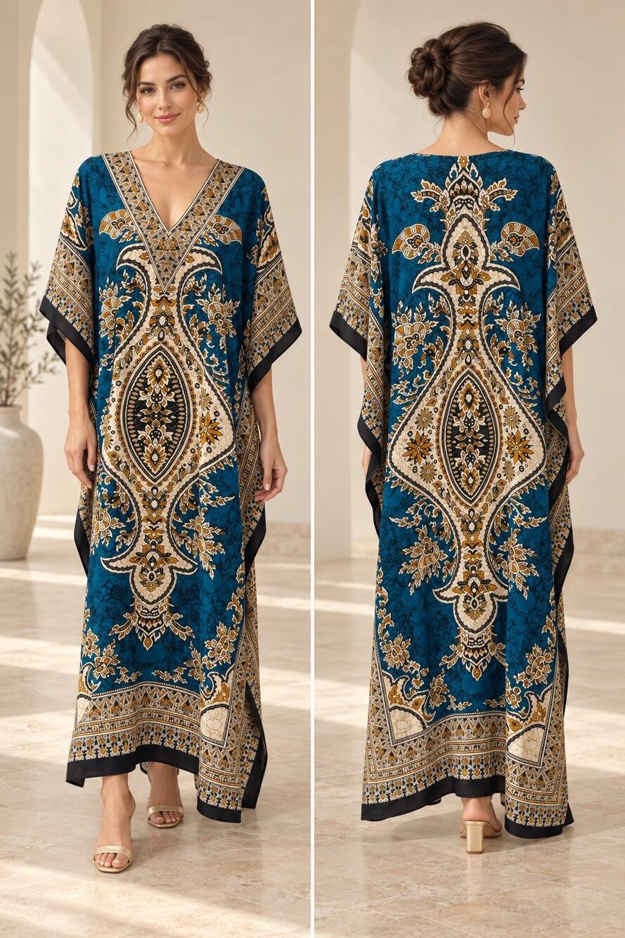Pacific Glory Free Size Teal Paisley Embellished Kaftan Maxi Dress Boho Resort
